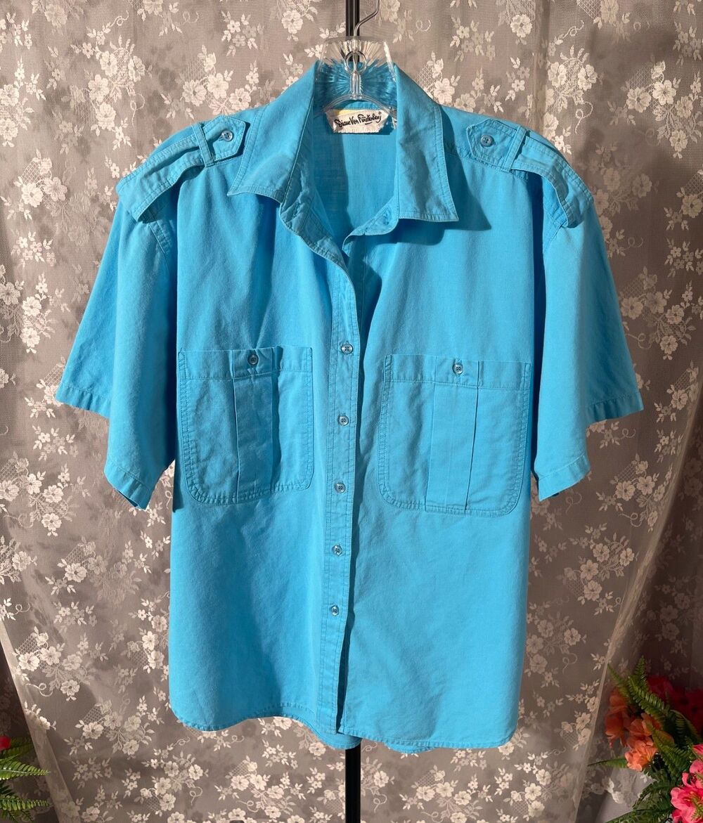 Vintage 80s Diane von Furstenberg Blue Cotton Safari Blouse Shirt Womens Medium